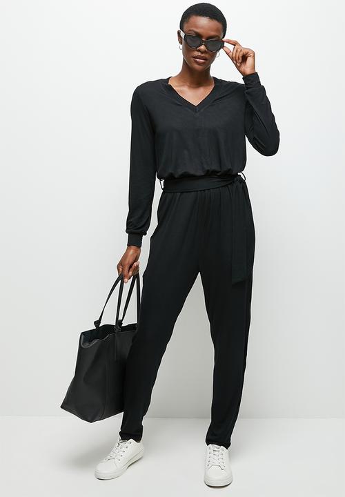 edit - V-neck knit belted jumpsuit - black