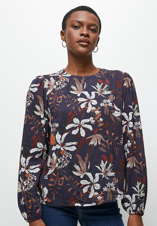 edit - Bellow sleeve shell - navy bloom