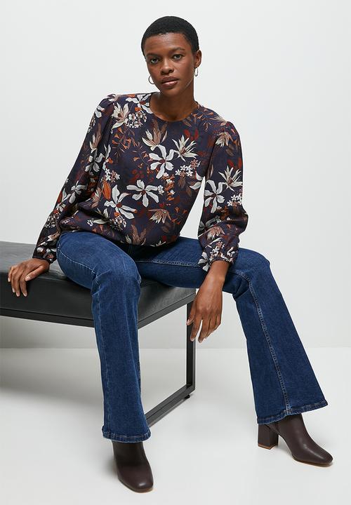 edit - Bellow sleeve shell - navy bloom
