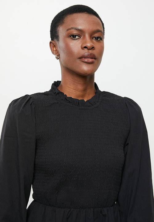 Me&B - Fully shirring bodice maxi cotton dress - black