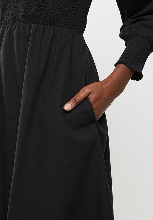 Me&B - Fully shirring bodice maxi cotton dress - black