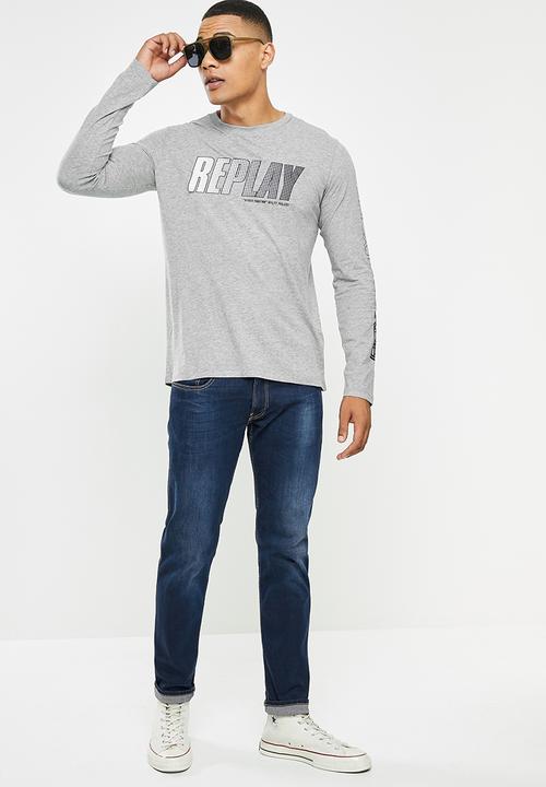 Replay - Replay long sleeve logo printed tee - grey