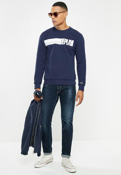 Replay - Replay side printed logo sweat crew - blue