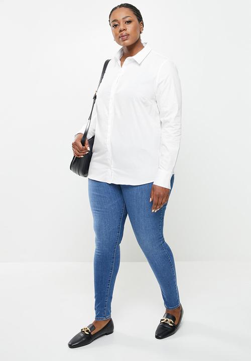 POLO - Plus wmn basic shirt long sleeve concealed front shirt - white