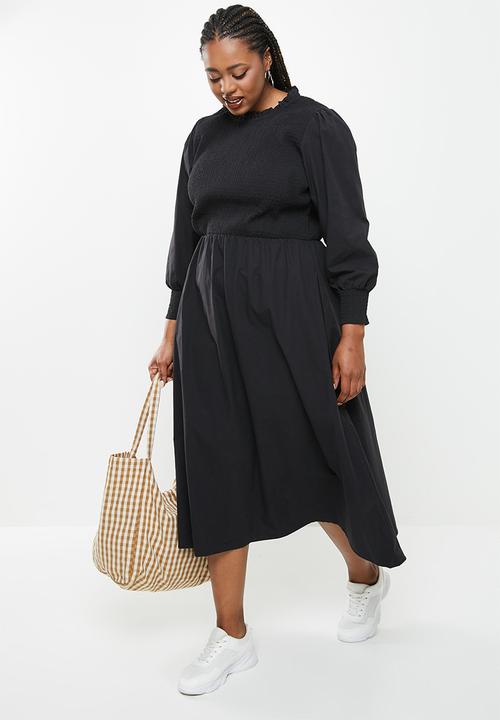 Me&B - Plus fully shirring bodice maxi cotton dress - black
