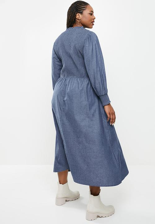 Me&B - Plus fully shirring bodice lightweight maxi denim dress - blue