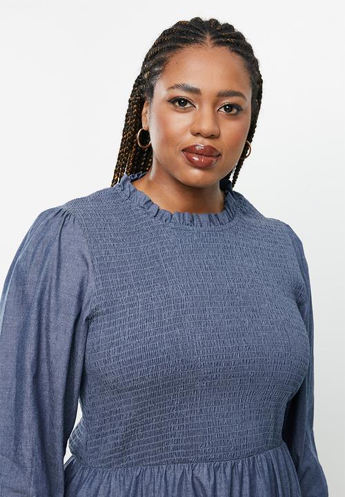 Me&B - Plus fully shirring bodice lightweight maxi denim dress - blue