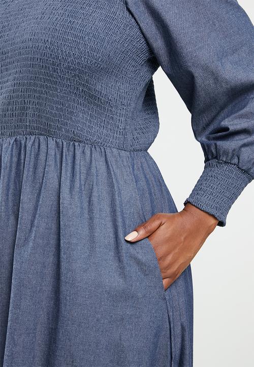 Me&B - Plus fully shirring bodice lightweight maxi denim dress - blue