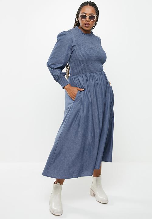 Me&B - Plus fully shirring bodice lightweight maxi denim dress - blue