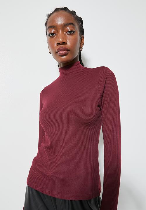 Superbalist - Rib trim funnel neck tee - burgundy
