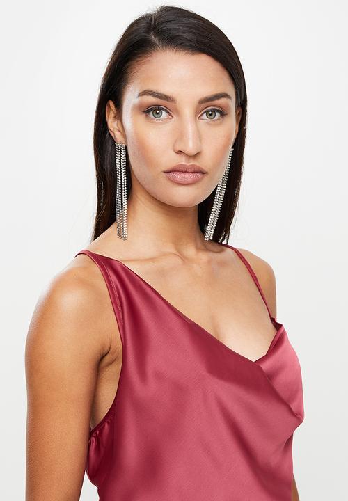 Missguided - Petite asym strap drape satin midi dress - wine