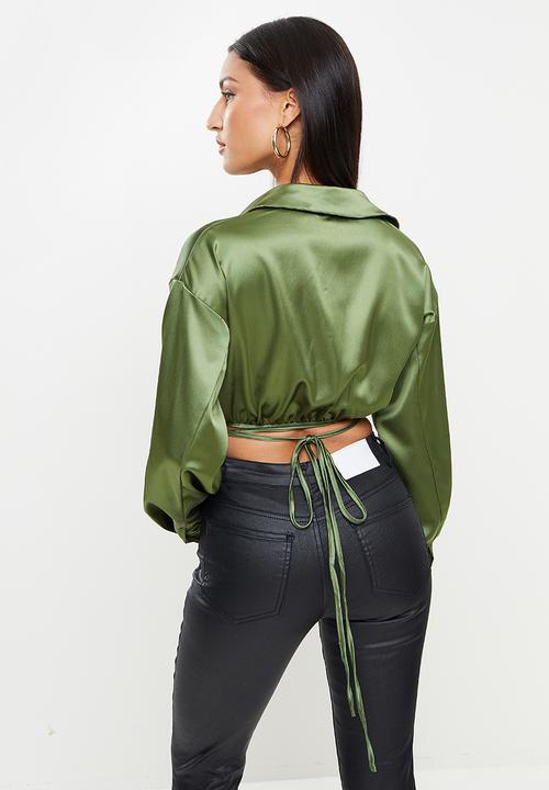 Missguided - Petite wrap around shirt satin - green