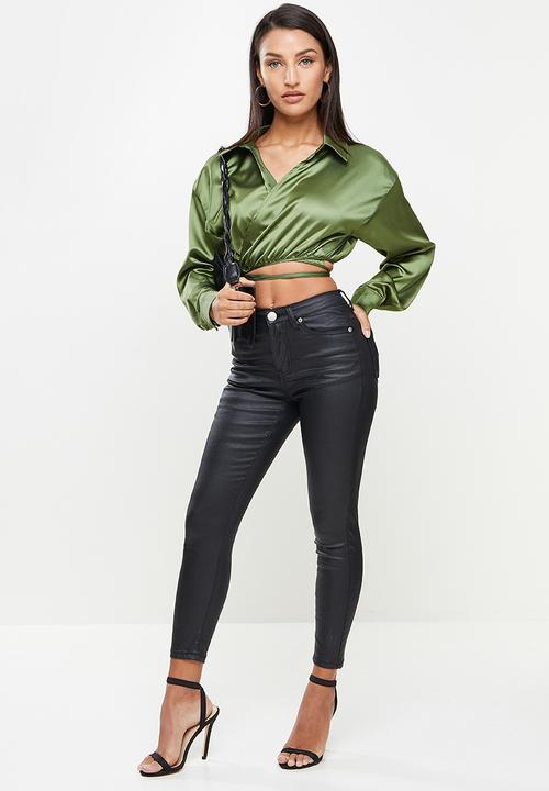 Missguided - Petite wrap around shirt satin - green