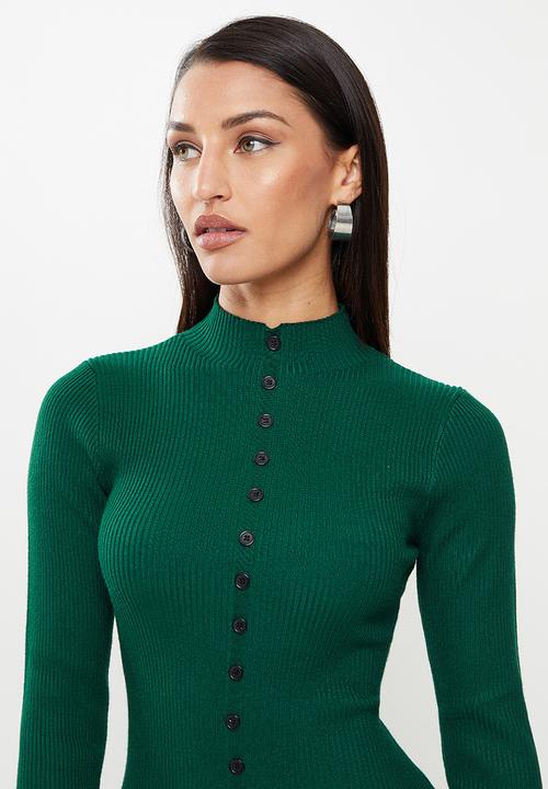 Missguided - Petite high neck button front rib knit midi - dark green