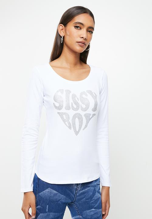 SISSY BOY - Long sleeve bling logo top - white