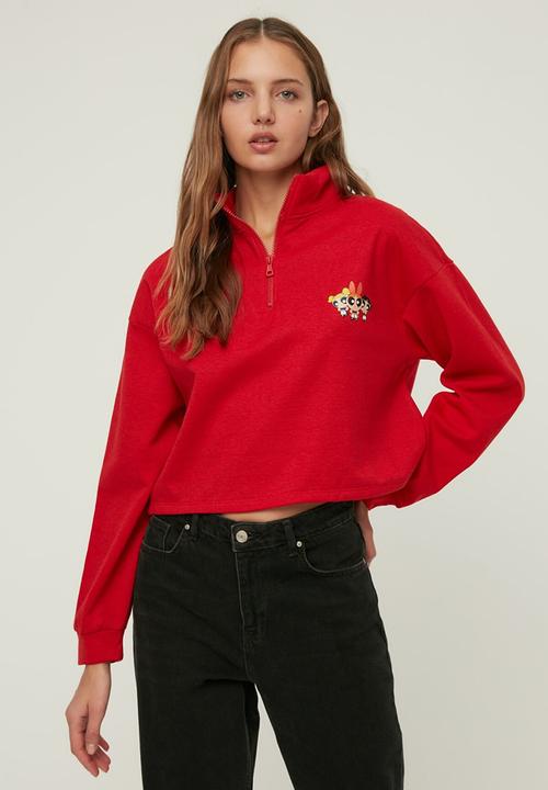 Trendyol - Powerpuff girls licensed printed zippered crop knitted slim sweatshirt  -  red