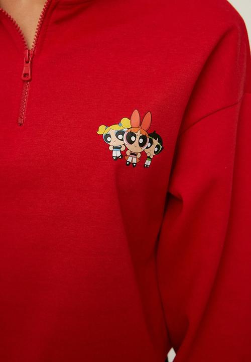 Trendyol - Powerpuff girls licensed printed zippered crop knitted slim sweatshirt  -  red