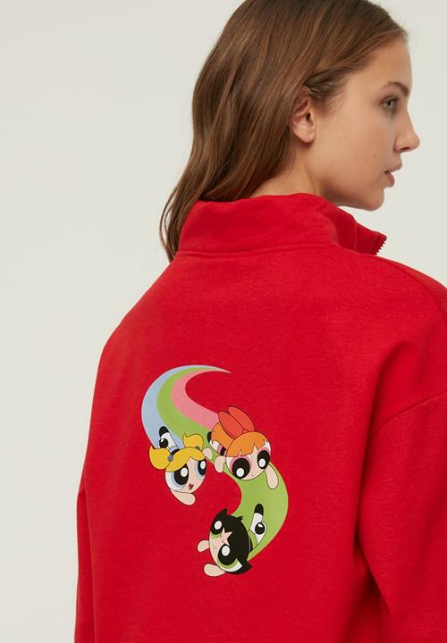 Trendyol - Powerpuff girls licensed printed zippered crop knitted slim sweatshirt  -  red