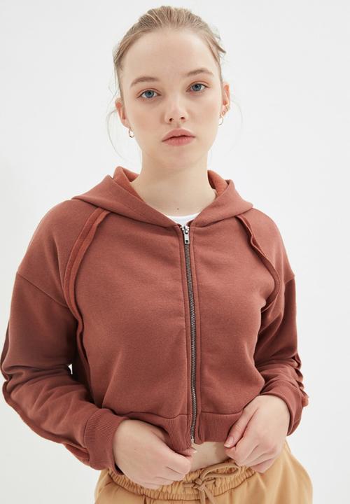 Trendyol - Basic hooded ragged pile knitted sweatshirt - brown