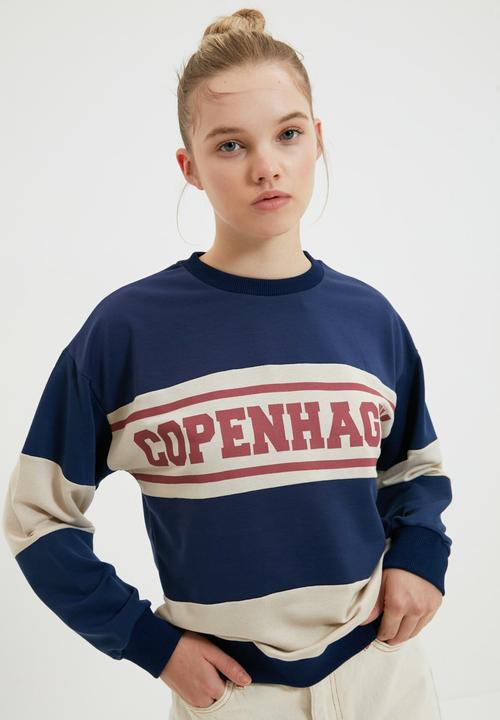 Trendyol - Printed basic thin knitted sweatshirt  - navy