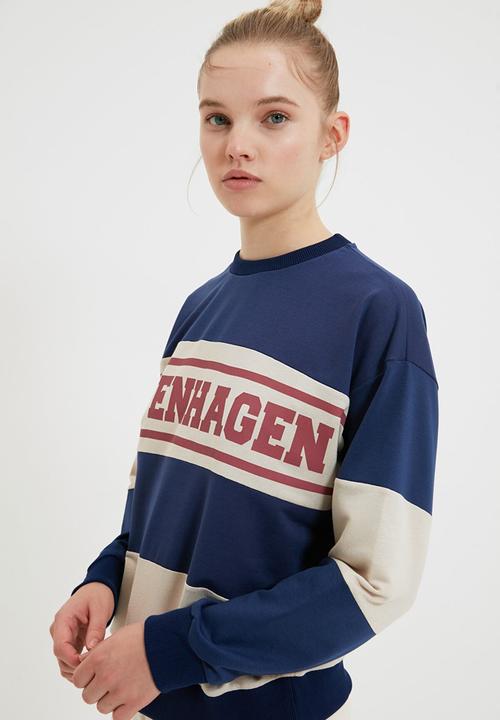 Trendyol - Printed basic thin knitted sweatshirt  - navy
