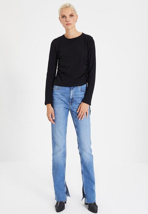 Trendyol - Pleated basic knit t-shirt - black