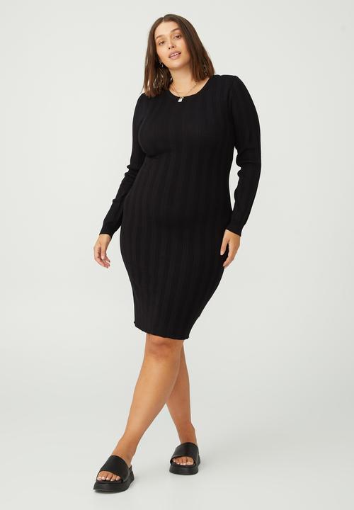 Cotton On - Curve midi knit crew neck long sleeve dress - black