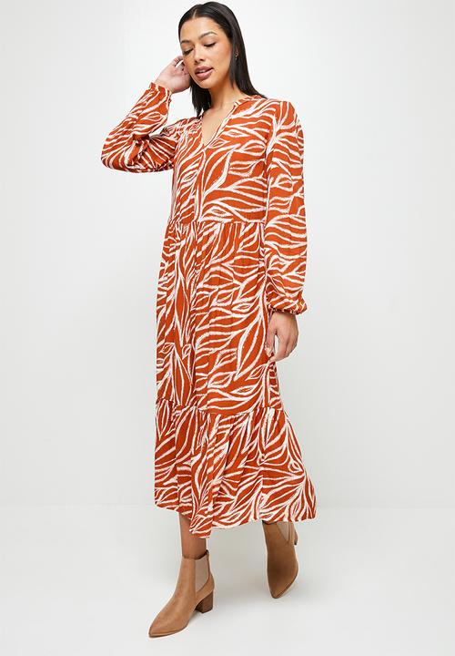 edit - Mandarin collar tiered maxi - rust doodle