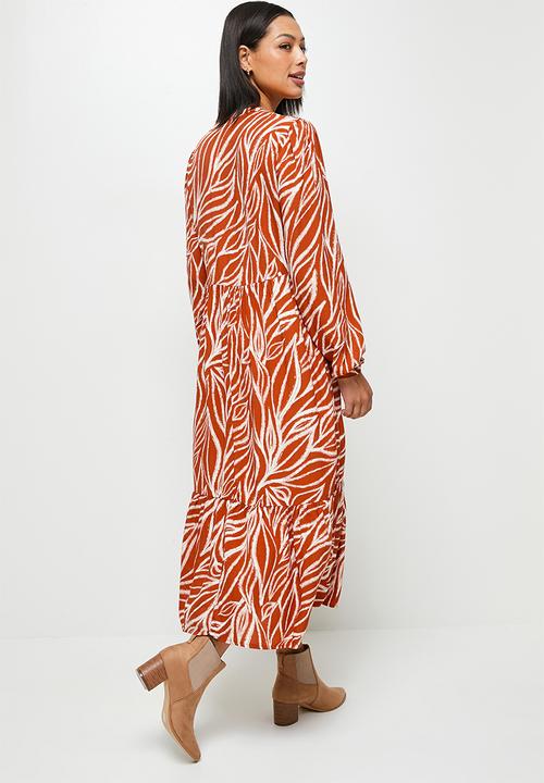 edit - Mandarin collar tiered maxi - rust doodle