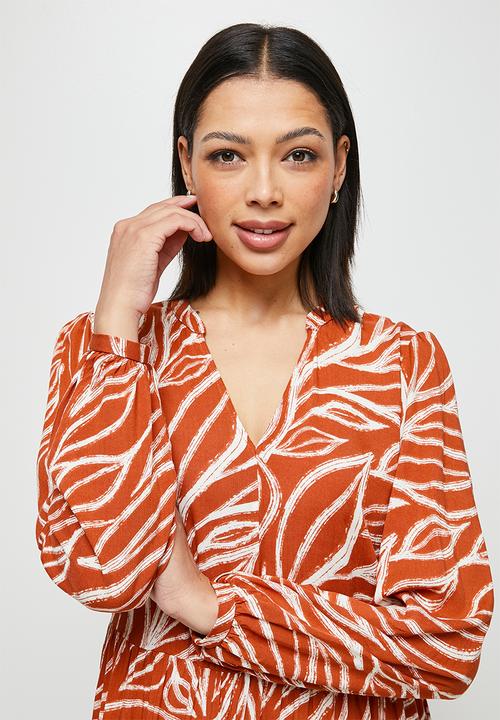 edit - Mandarin collar tiered maxi - rust doodle