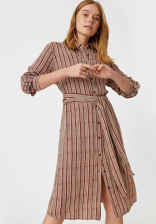Koton - Belt waist shirt dress - maroon stripes