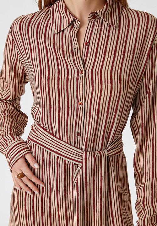 Koton - Belt waist shirt dress - maroon stripes