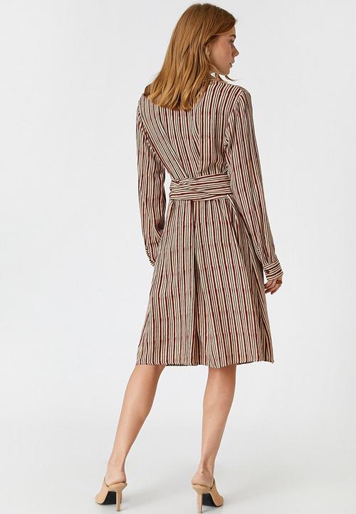 Koton - Belt waist shirt dress - maroon stripes