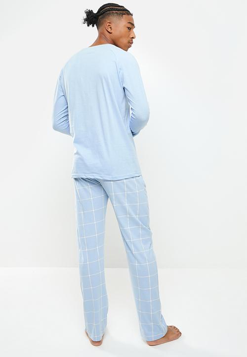 Brave Soul - Gareth long sleeve sleep set - blue & ecru