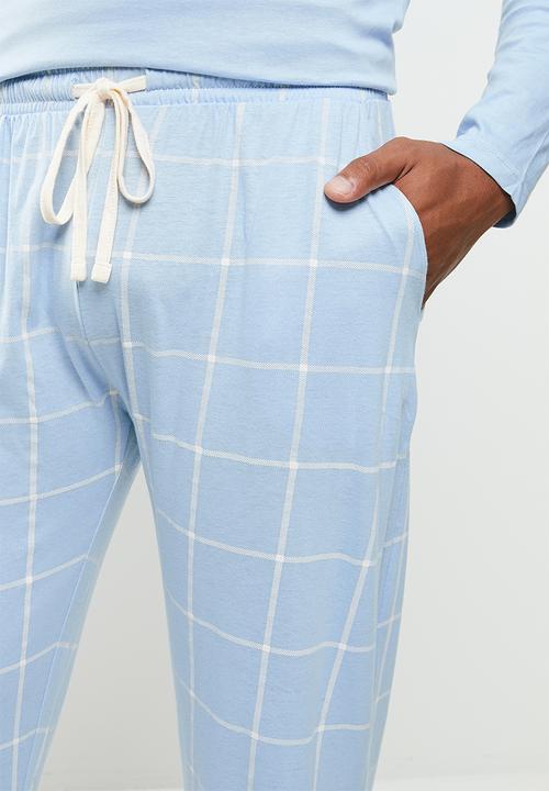 Brave Soul - Gareth long sleeve sleep set - blue & ecru
