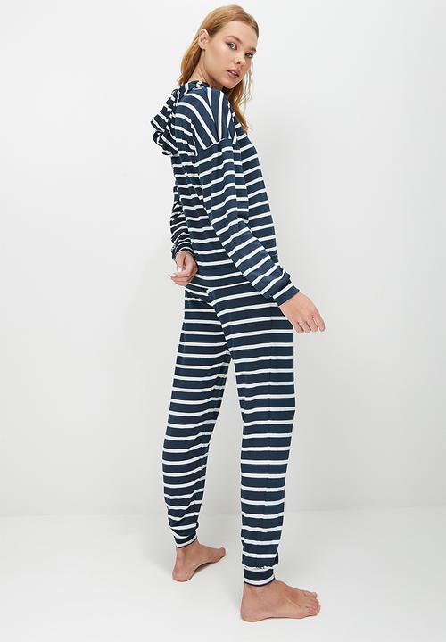 Blake - Printed soft touch hoodie sleep set - navy & milk stripe