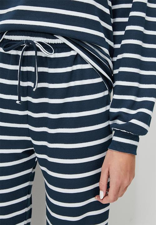 Blake - Printed soft touch hoodie sleep set - navy & milk stripe