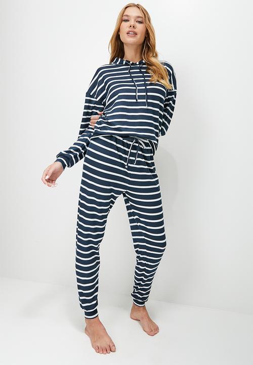 Blake - Printed soft touch hoodie sleep set - navy & milk stripe