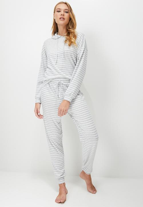 Blake - Printed soft touch hoodie sleep set - grey & milk stripe