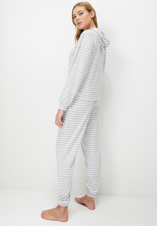 Blake - Printed soft touch hoodie sleep set - grey & milk stripe