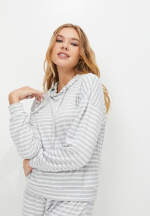 Blake - Printed soft touch hoodie sleep set - grey & milk stripe