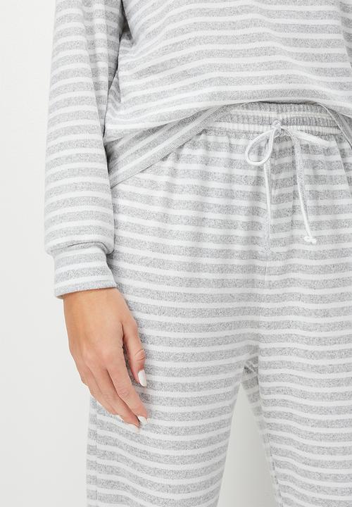 Blake - Printed soft touch hoodie sleep set - grey & milk stripe