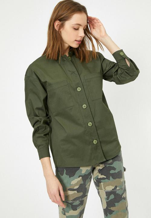Koton - Mandarin collar long sleeve shirt - green