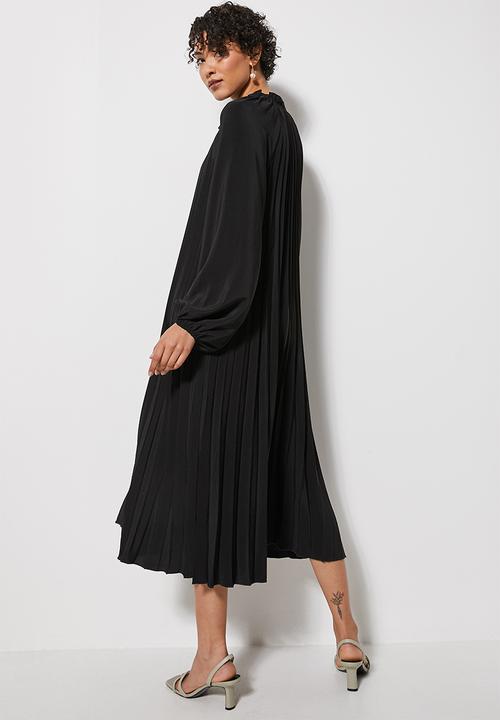 VELVET - Pleated aline trapeze balloon sleeve midi - black