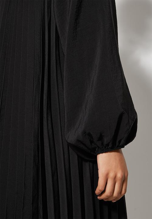 VELVET - Pleated aline trapeze balloon sleeve midi - black