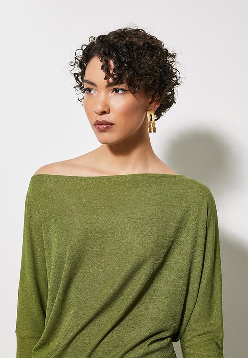 VELVET - Soft touch draped off the shoulder top - green