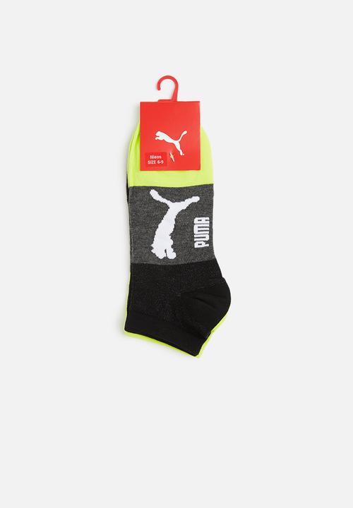 PUMA - Mens 2 pack sneaker socks - black- dark grey heather -lime punch