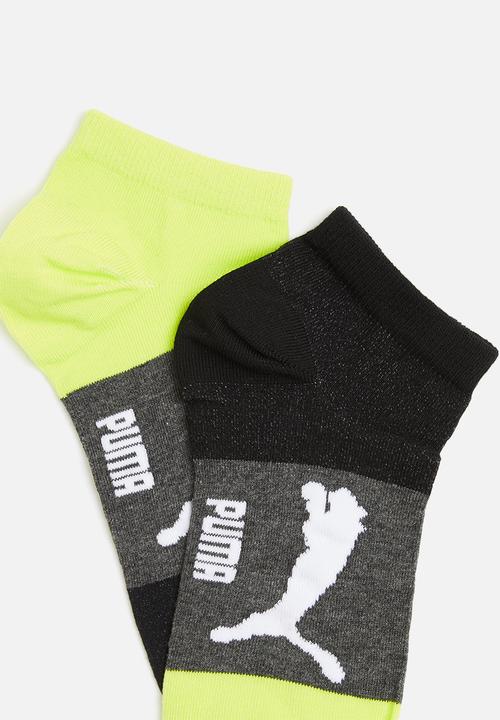 PUMA - Mens 2 pack sneaker socks - black- dark grey heather -lime punch