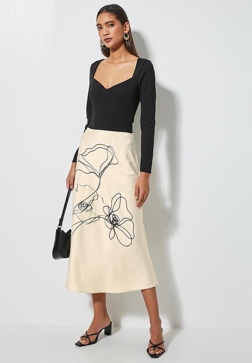 VELVET - Satin skirt with large placement print - sand