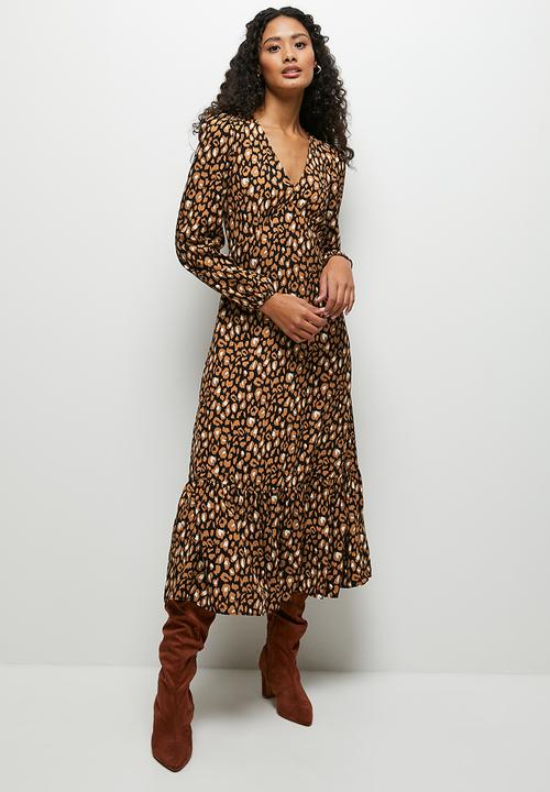 MILLA - Empire line fit and flare midi dress - brown & black